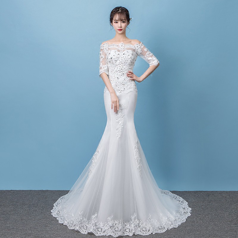 White Simple Off Shoulder Mermaid Long Tail Wedding Dress Lace Beaded Diamond Bridal Fish Tail Dress