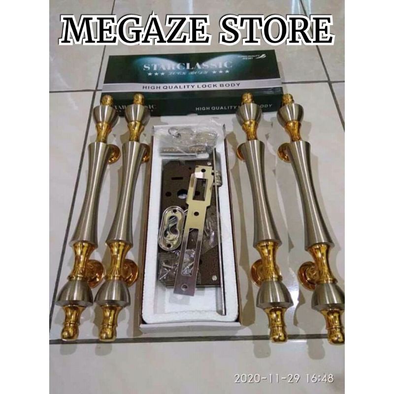 4 Pcs Handle Pintu Rumah Kuningan Dahlia Panjang 34 cm+Body Kunci Pelor Paket Lengkap Handle Pintu