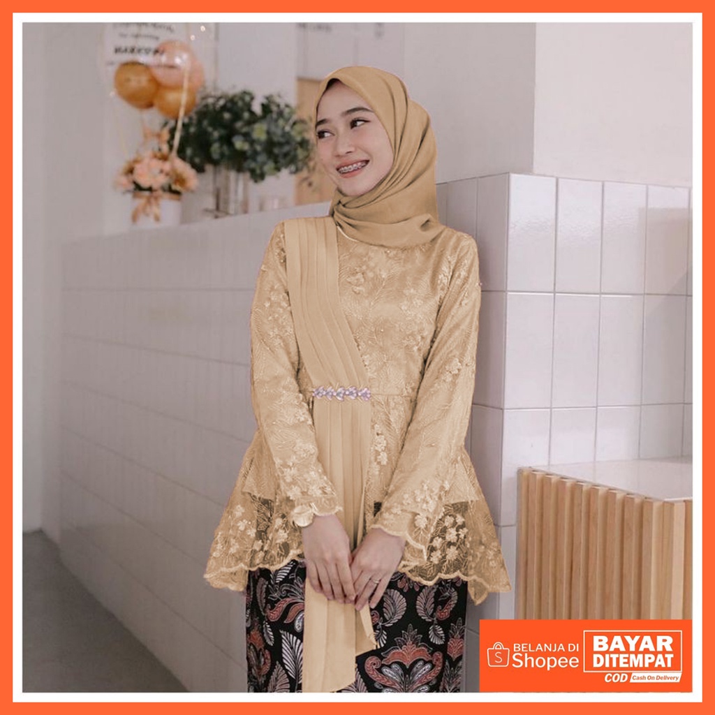 Kebaya modern wisuda tunangan lamaran couple murah remaja seragam seragaman sarimbit allsize kebaya brokat kebaya pesta bajan brukat-Mocca