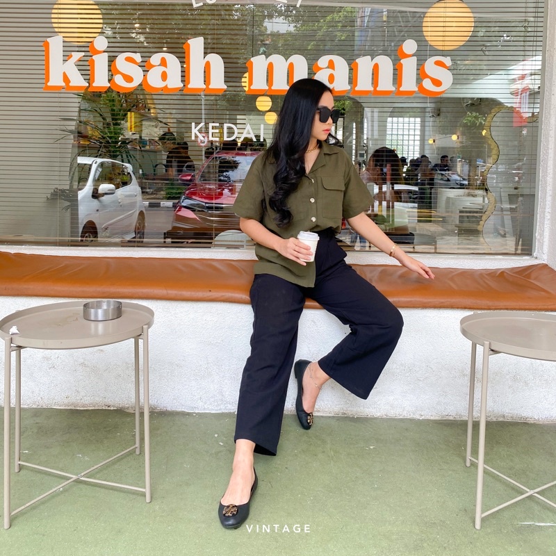 KEMEJA WANITA CASUAL POCKET TOP KEMEJA WANITA POLOS BASIC MURAH-Army