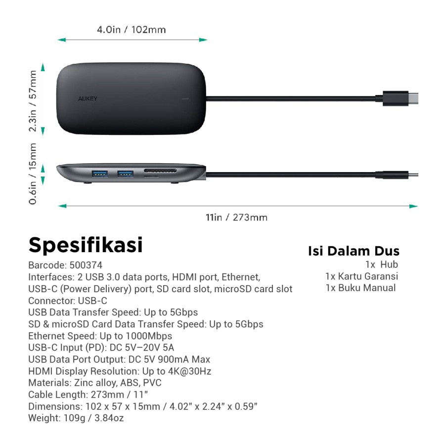 Aukey Cable CB-C71 USB C Power Delivery Hub 8in1 - 500374