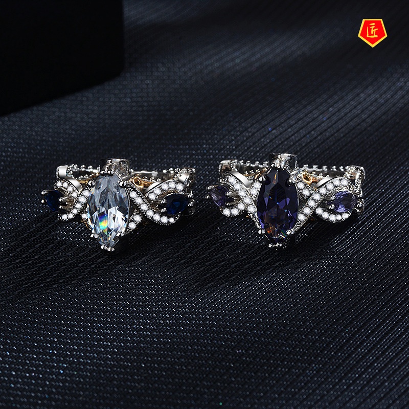 [Ready Stock]Inlaid Blue Gem Two-Tone Ring 18K Gold