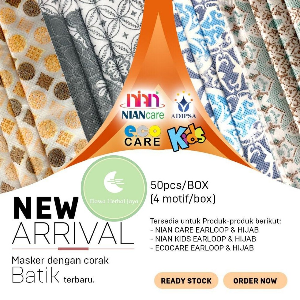 Masker 3 Ply / Masker Kesehatan / Masker Medis 3 Ply Earloop NIAN CARE Isi 50 (BATIK)