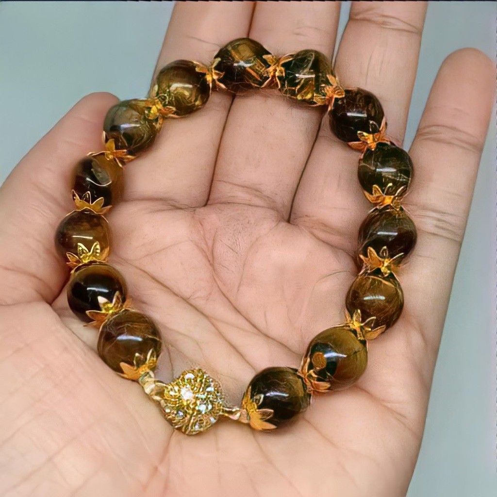 Gelang Giok Tiger Eye Kombinasi Emas & Bola Magnet Permata Premium FREE KOTAK