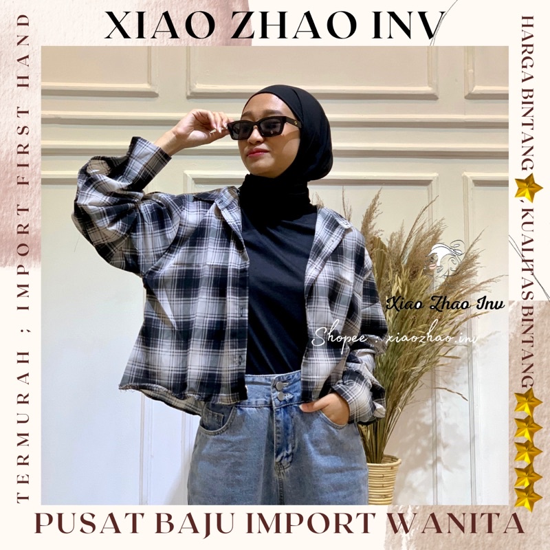 Kemeja Wanita Crop Kotak Kotak Oversize Fit to L-XL | Kemeja Crop Tartan/ Kemeja Wanita Kotak Oversi