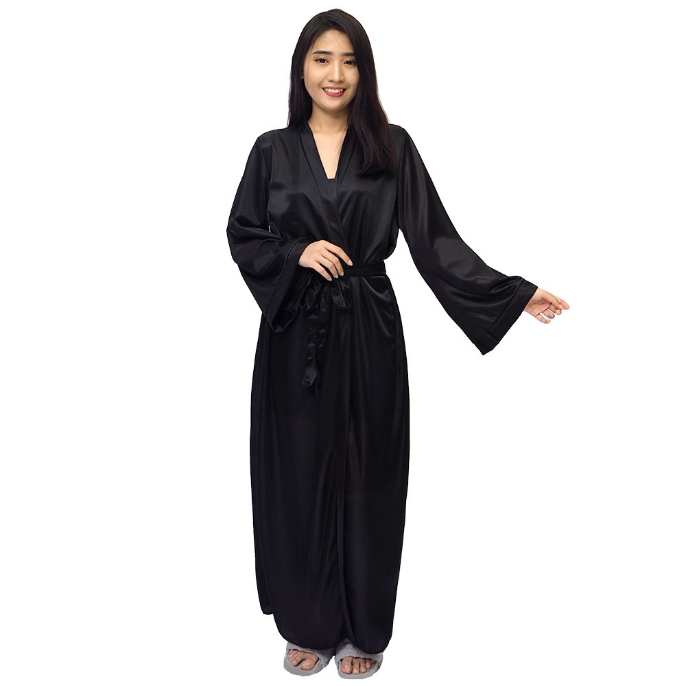 FOLVA kimono set baju tidur satin 1340BSET hitam all size