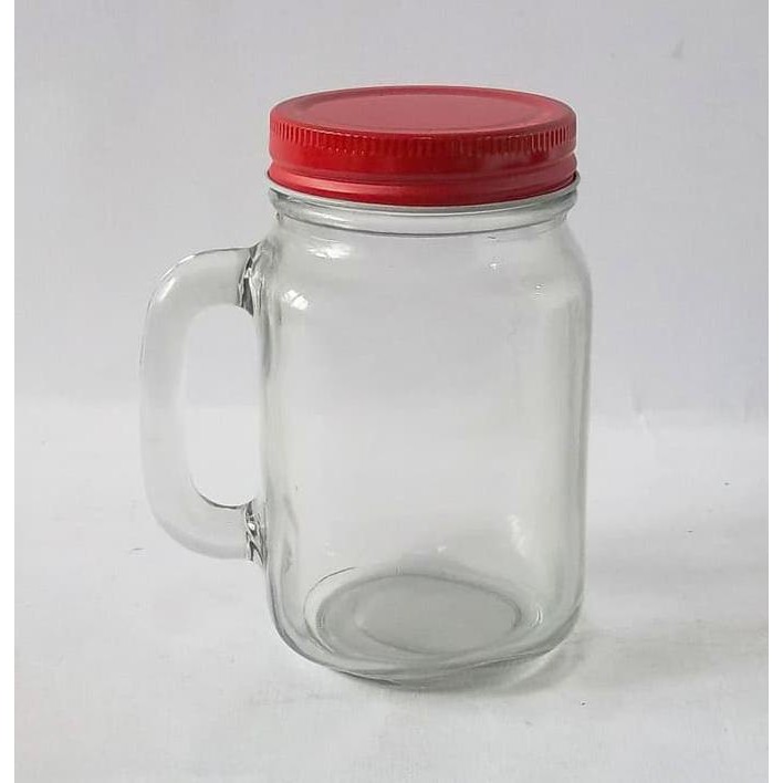 500 ML DRINK JAR KACA (MUG) + TUTUP MERAH POLOS
