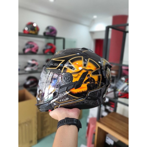 ZEUS 613C BLACK AJ20 ORANGE SAMURAI MODULAR HALLFACE FULLFACE DOUBLE VISOR-1