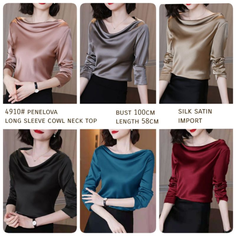 MDLV ~ 4910 Penelova Long Sleeve Cowl Neck Top Women Satin Top Premium Blouse Satin Lengan Panjang Blouse Satin Premium Blouse Satin Import Atasan Satin Lengan Panjang Fashion Import