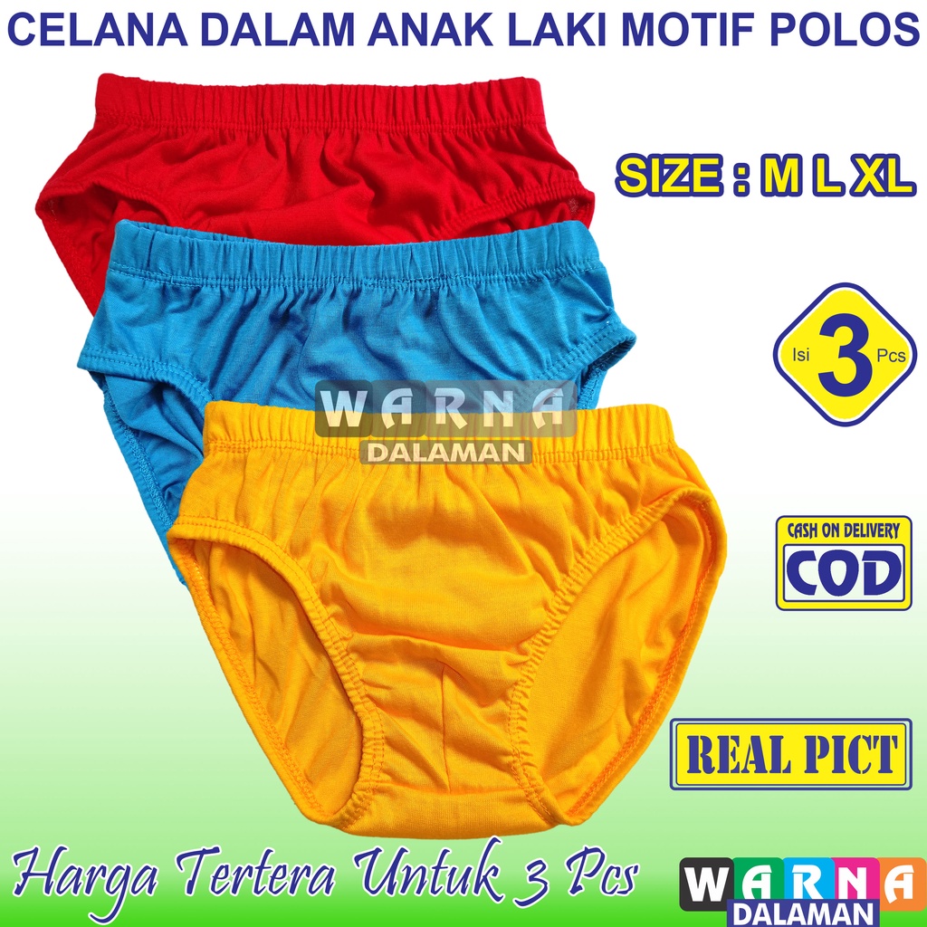 3 Pcs CD Anak Cowok Motif Polos Bahan Katun Lembut Celana Dalam Multiwarna | WARNA DALAMAN