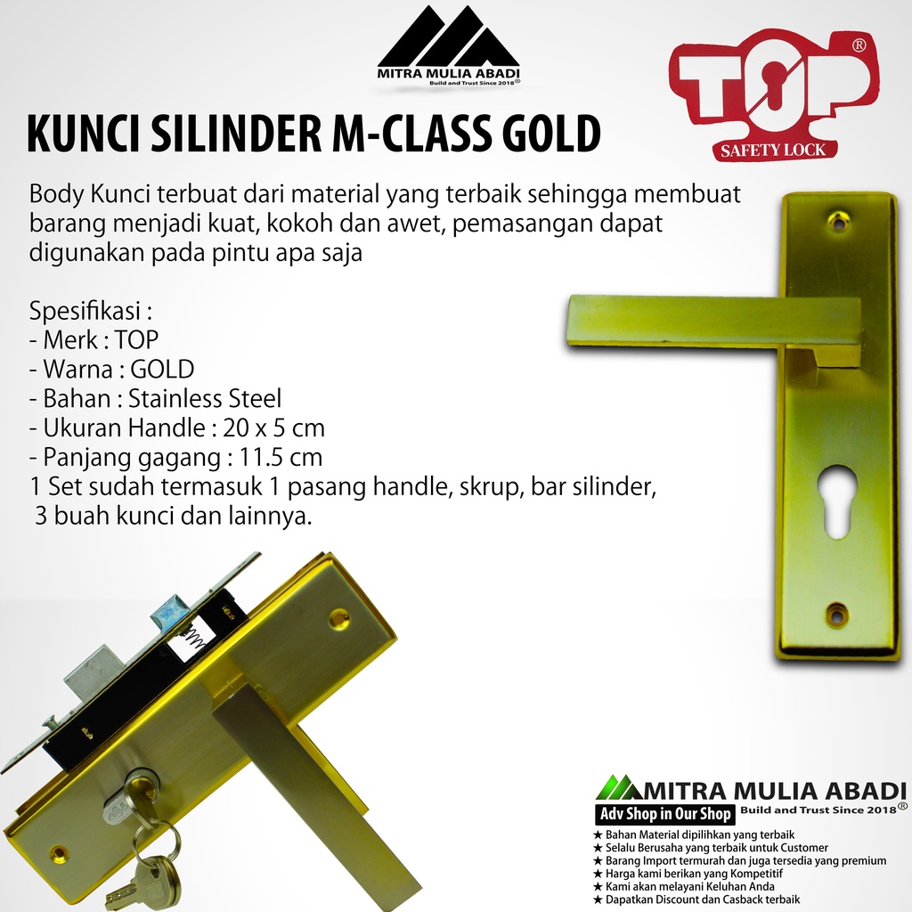 Kunci Silinder Pintu Rumah Warna Emas TOP M-Class Komplit 1 Set 20cm