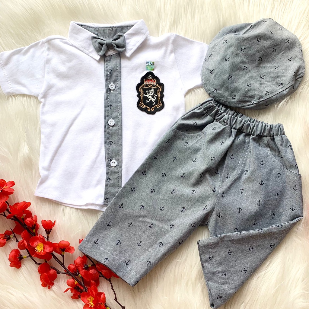 Baju setelan kemeja celana motif bagus pergi jalan fashion anak bayi cowok laki murah -bab