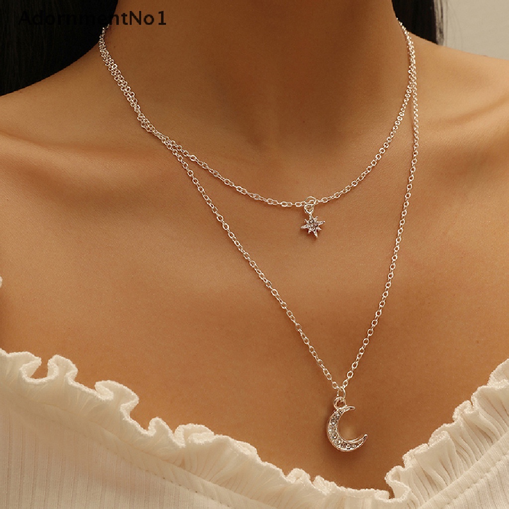 (AdornmentNo1) Kalung Choker Rantai Dua Lapis Dengan Liontin Bulan + Bintang Untuk Wanita