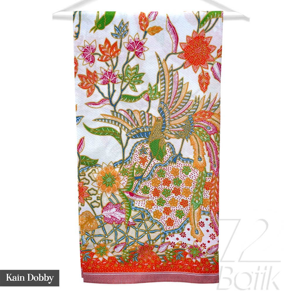 KAIN BATIK PREMIUM Bahan Dobby Motif Burung Cendrawasih Warna Putih Orange 722031 Cap 72 Jarik Jarit Samping Kebat Panjang Batik Katun Modern Premium Bahan Seragam Batik Pernikahan Kantor Keluarga Murah Kamen Jadi Batik Bali Lembaran