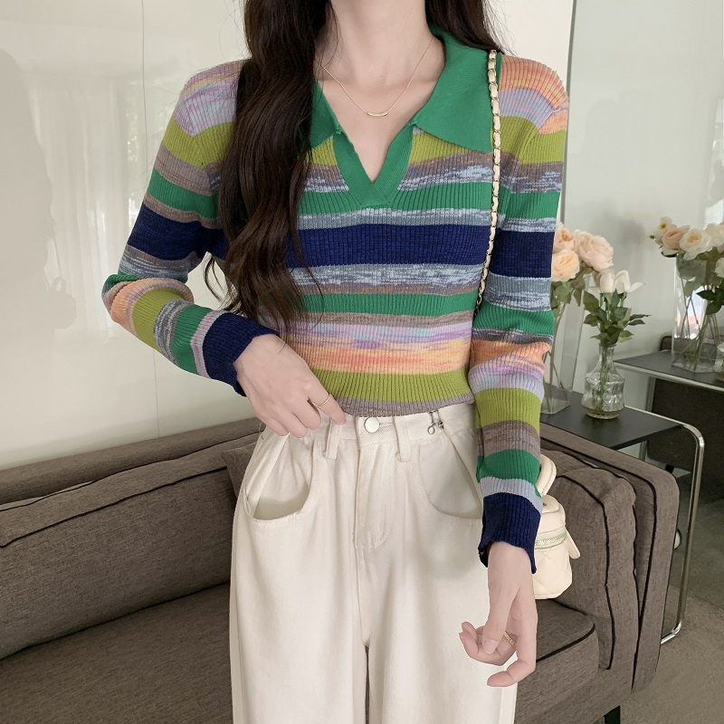 Knitwear Korean Style Stripe V-neck Knit Top Wanita Lengan Panjang