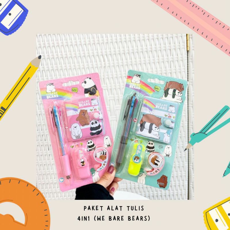 Set alat tulis mini WE BARE BEAR isi 4 buku kecil pulpen highlighter mini solatip paket murah kado unik souvernir