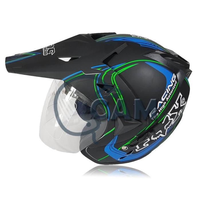 Helm Motor Sni 2 Kaca Knc Trail Cross Turbo Black Doff Biru Bukan Jpx