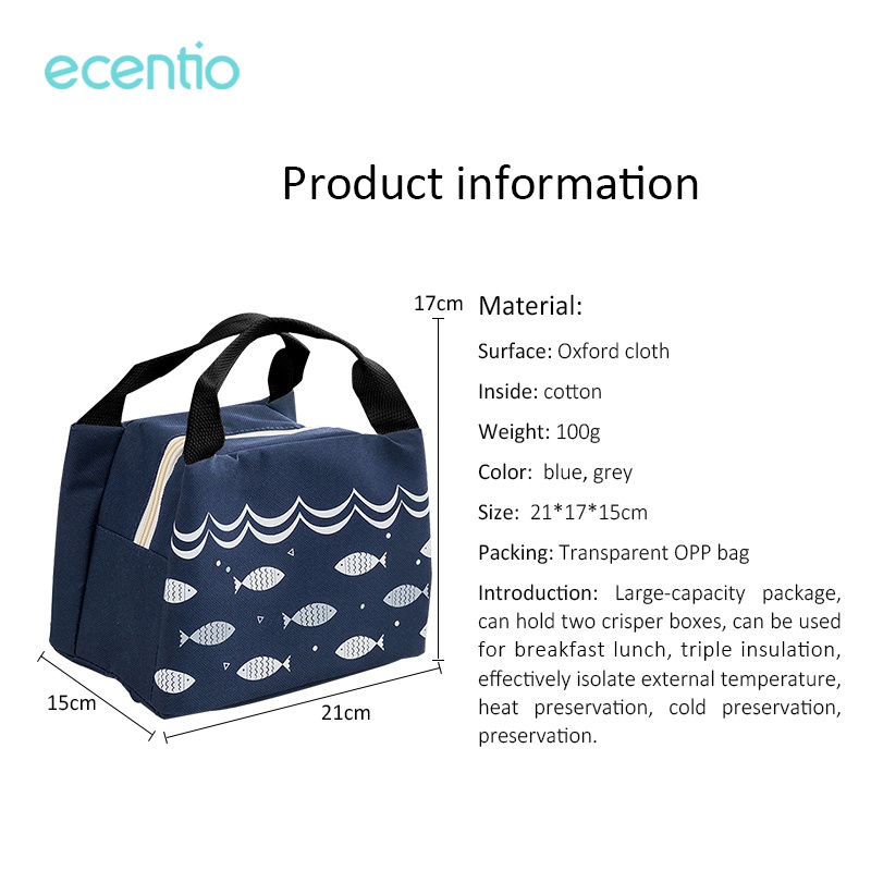 ecentio &amp; FOODI Tas Bekal kanvas insulated Lunch Cooler Bag resleting/Oxford cloth Lunch Bag tahan panas dingin/Kotak Makan Karakter/tas bekal makanan tas aluminium foil makanan