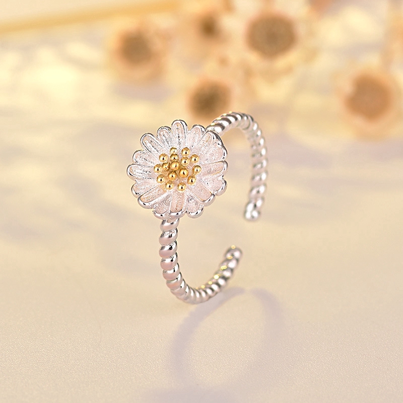 Perhiasan Wanita Kalung Cincin Gelang Daisy Flower Silver Necklace Ring Bracelet Women Jewelry Set Accessories Gifts
