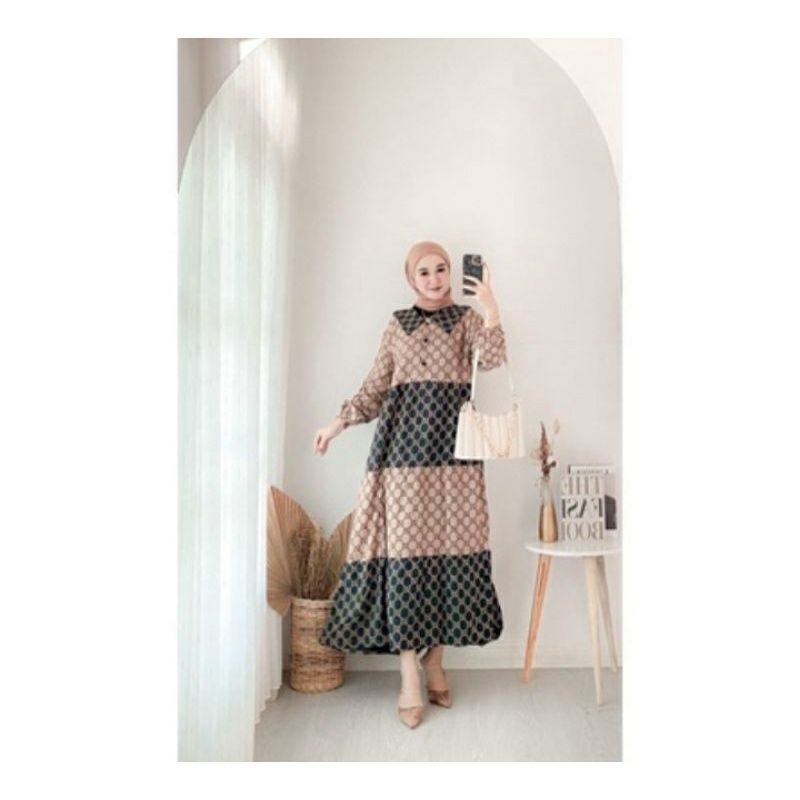 Midi Dress Muslim Wanita Motif Gucci Bahan Rayon Premium Gamis Susun