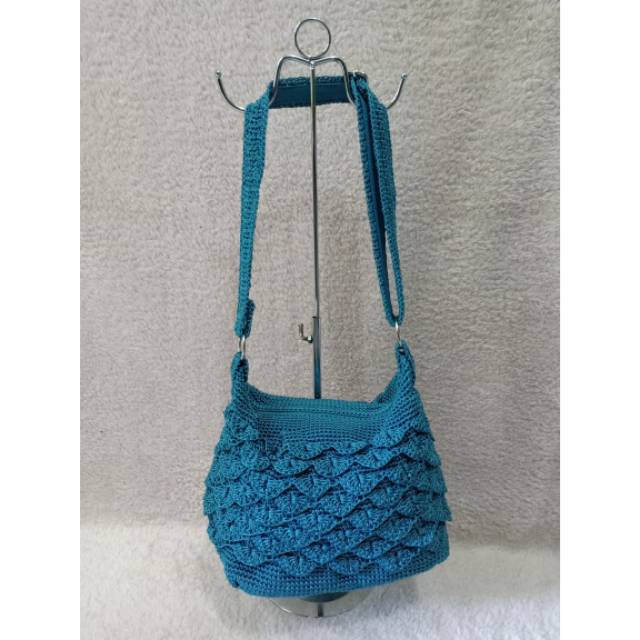 Tas Rajut Hobo Sisik Full Rajut Biru Tosca