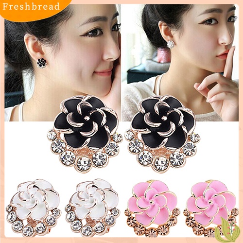 Fresh| Anting Tusuk Motif Bunga Peony / Camellia Bahan Alloy Hias Berlian Imitasi Untuk Wanita / Pesta