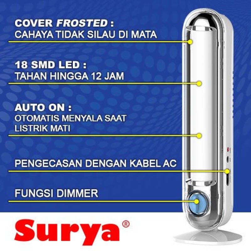 Surya Lampu Emergency SQL 18L FROSTED Light LED 18 SMD With Dimmer Switch Rechargeable 12 Hours