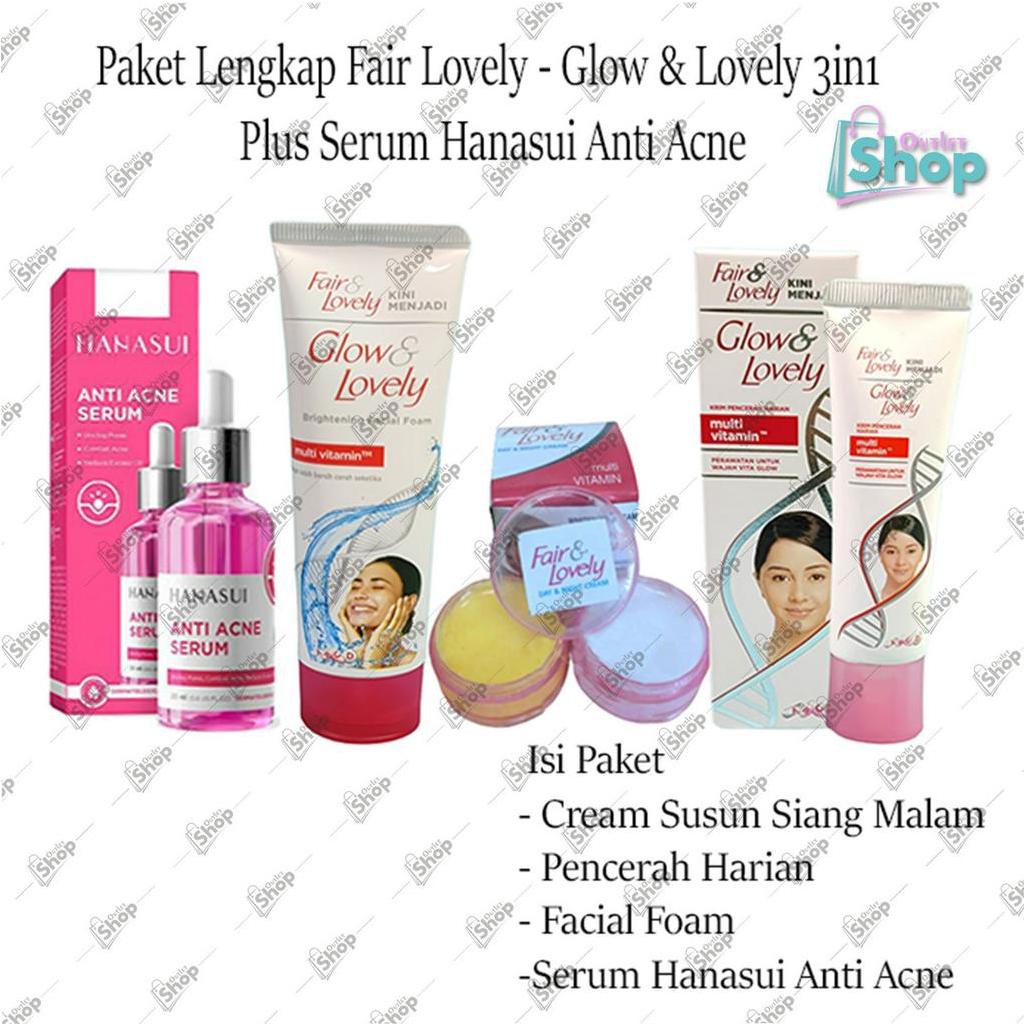 Paket Lengkap Fair &amp; Lovely 4 in 1 - Facial Foam 50g + Cream Susun Day &amp; Night Cream + Pelembab plus Hanasui Serum Acne Original BPOM