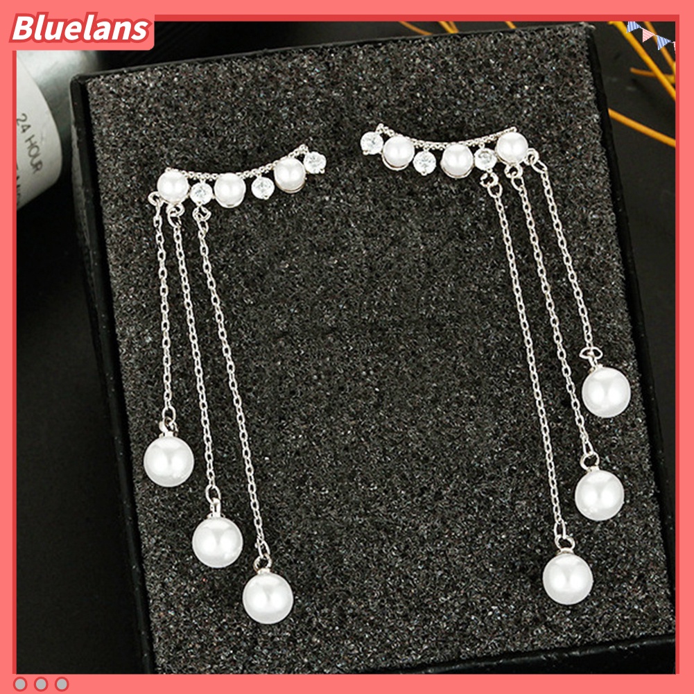 Bluelans Anting Tusuk Gantung Wanita Desain Rumbai Rantai Hias Mutiara Imitasi Untuk Hadiah