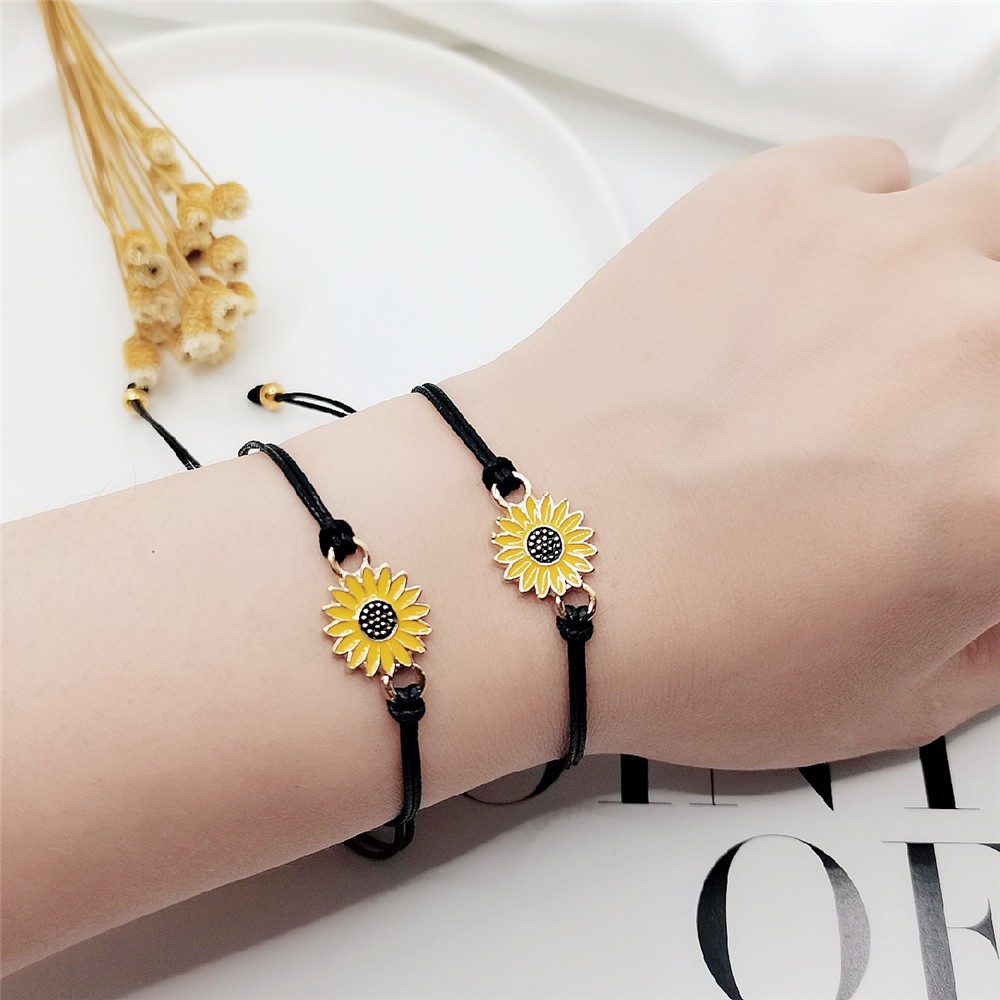 Gelang tali persahabatan anyaman krisan bunga matahari fashion wanita Korea pria couple bracelet daisy hitam