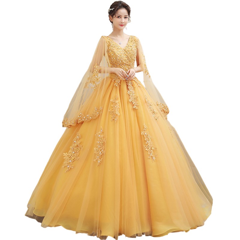 Gaun Pengantin 2103003 Kuning Gold Sayap V Neck Wedding Dress Gown