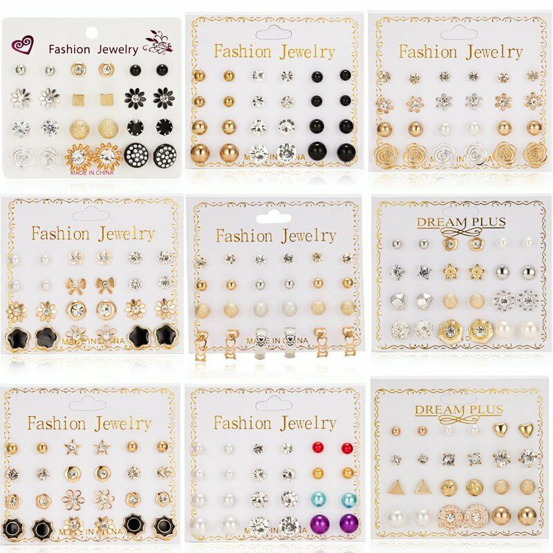 12 Pasang / Set Anting Tusuk Aksen Kristal / Berlian Imitasi / Mutiara Untuk Wanita