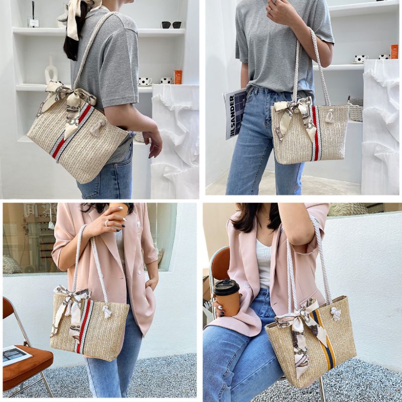 Tas Pita Anyam Wanita Strip TW211 Gold Scarf Pattern Woven Straw Shoulder Bag Simple Elegan