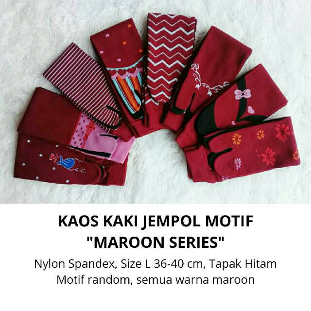 Kaos Kaki Jempol Motif Merah Maroon Series, Wanita Muslimah Tapak Hitam Nylon Spandex Panjang Murah