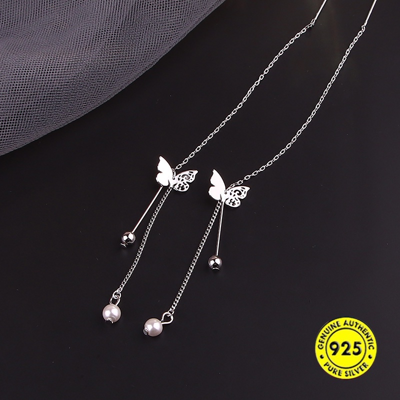 Anting Tusuk Gantung Bahan Sterling Silver 925 Desain Kupukupurumbai Hias Mutiara Untuk Wanita