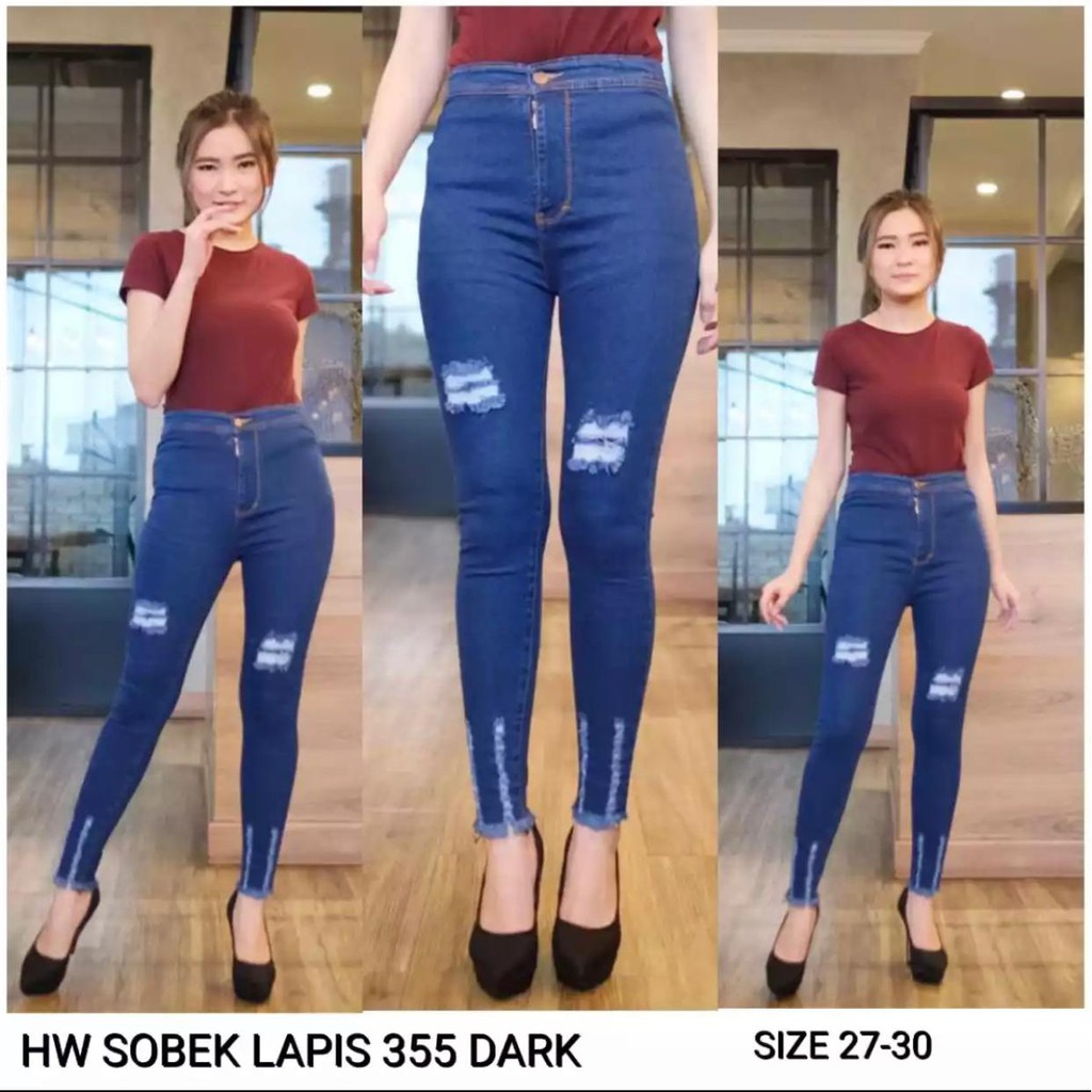 CELANA HIGHWAIST WANITA unfinished cut jeans custom sobek lutut / cut knee gunting bawah // HW SOBEK LUTUT WANITA KEKINIAN