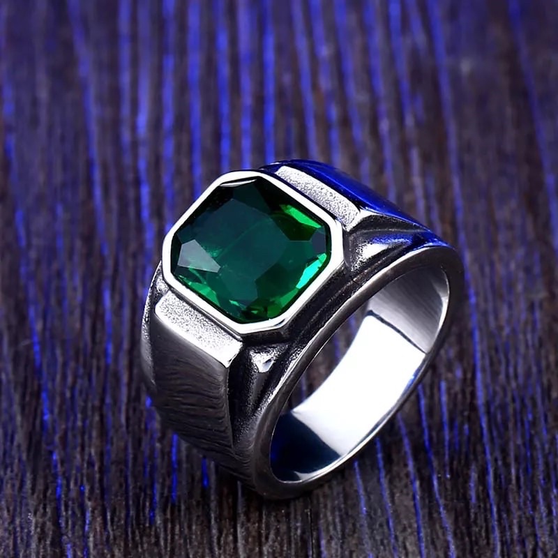 Cincin Pria Zamrud Hijau Green Emerald Zircon Ring Titanium Anti Karat Tahan Luntur Keren