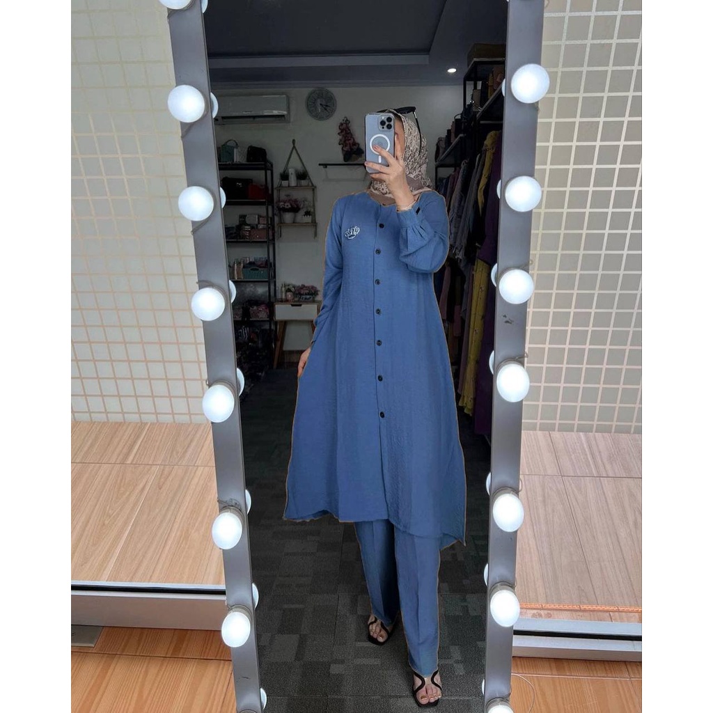Once Set Tunik - One Set Wanita Kekinian Rayon Setelan Wanita Tunik Kancing Celana Panjang LD 110 cm