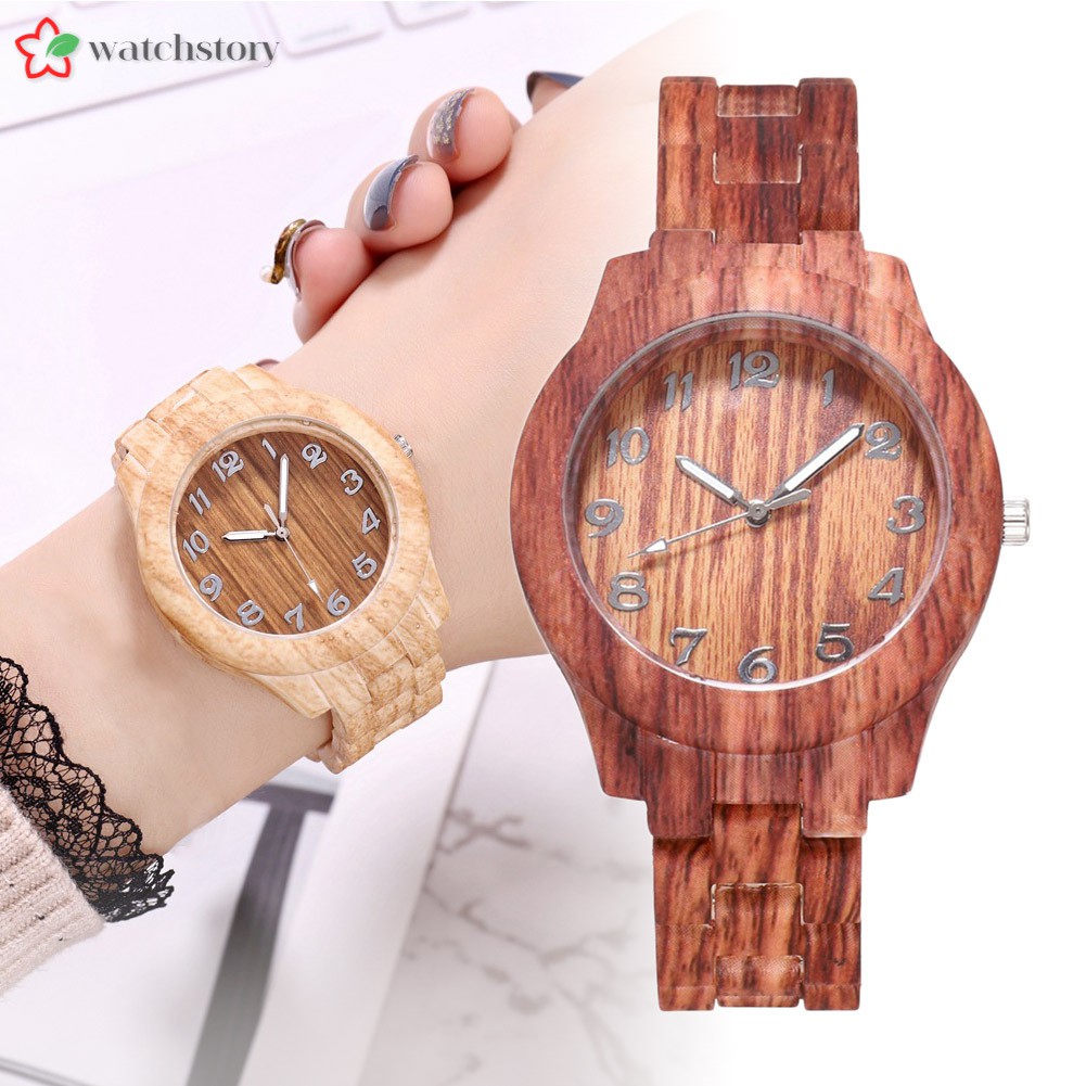 Ws Jam  Tangan Quartz Analog Dial Bulat Tekstur Kayu  Strap 