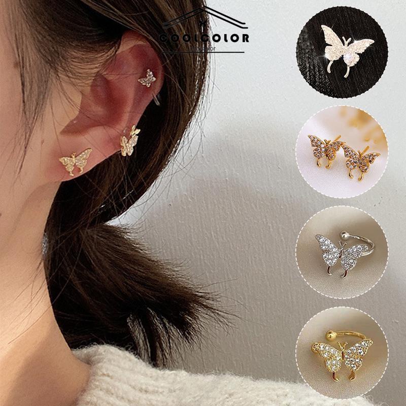 COD❤️1sepasang Anting Tindik Klip Telinga Wanita Kupu-kupu Kecil Anti Alergi Dan Anti Karat Penuh Berlian Mengkilap Kancing Telinga Aksesoris Fashion Korea Impor Murah