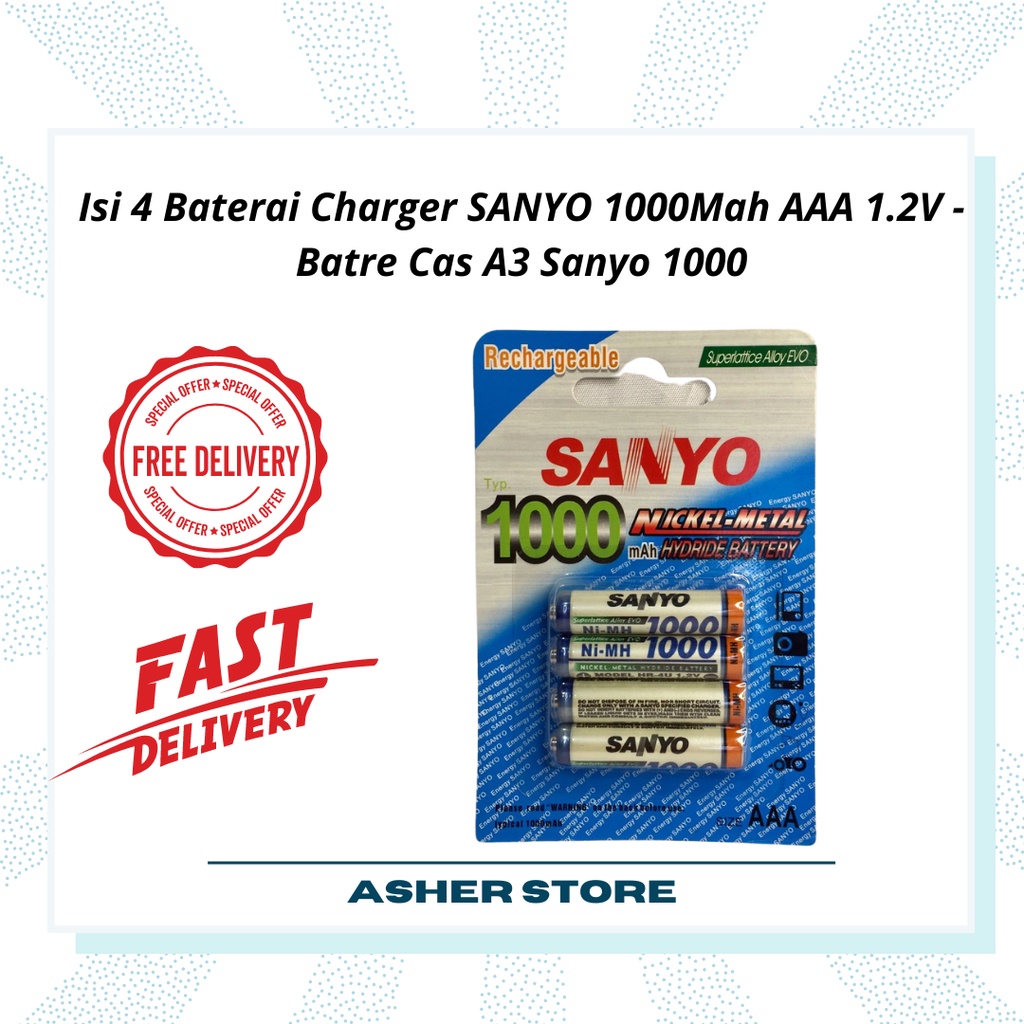 Isi 4 Baterai Charger SANYO 1000Mah AAA 1.2V - Batre Cas A3 Sanyo 1000