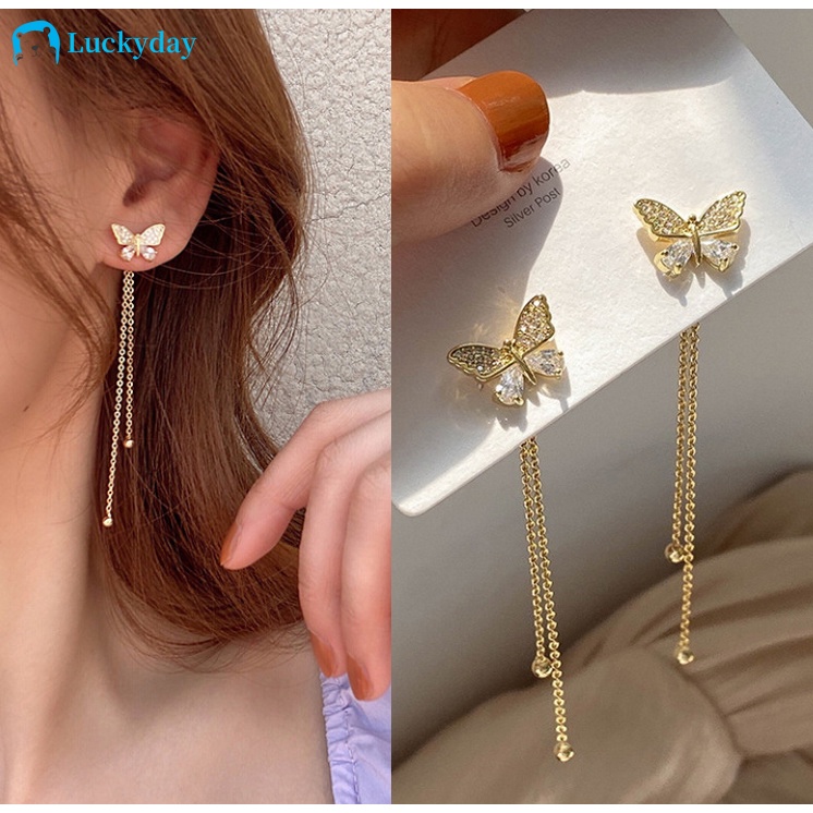 YEEZII Anting Stud Rumbai Desain Kupu-Kupu Aksen Kristal Warna Emas Untuk Wanita