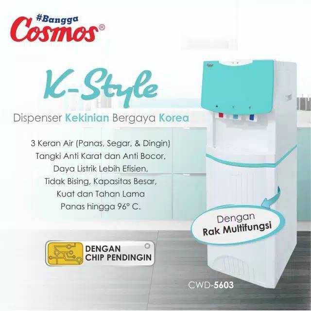 DISPENSER BERDIRI COSMOS CWD 5603 GALON ATAS PANAS DINGIN K-STYLE PLUS RAK PIRING / GELAS 3 KRAN