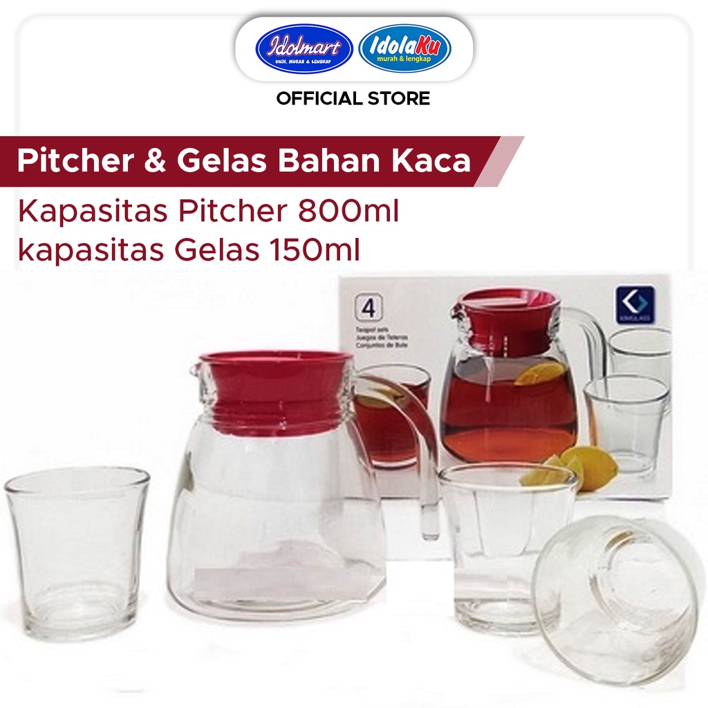 IDOLAKU Teko Set Mini Kimglass - Teko plus Gelas 4in1 - Teapot Kaca