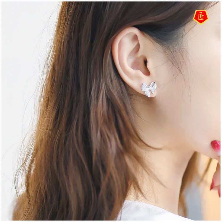 [Ready Stock]18K Platinum Bow Diamond Earrings for Women