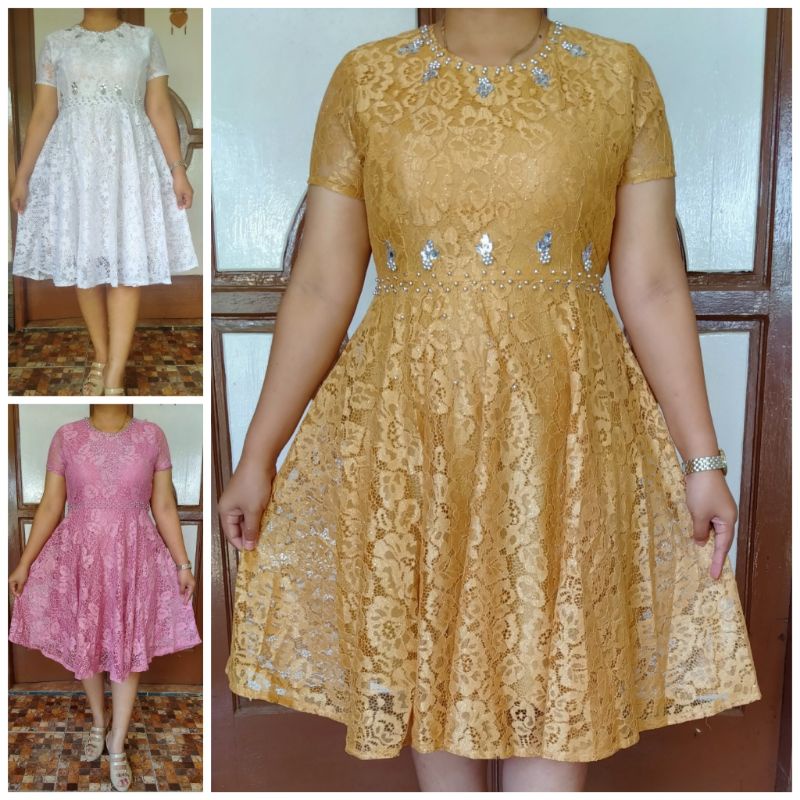 Dress brokat putih lengan pendek payet mutiara s m l pinggang karet