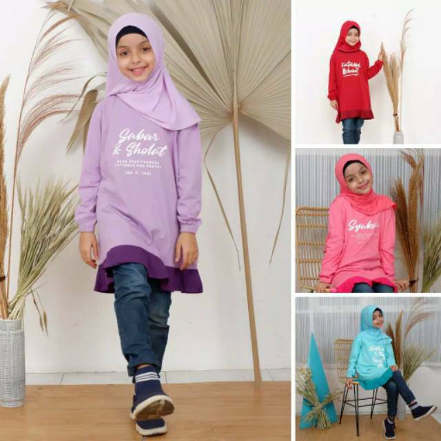 Ammarkids Tunik Anak Cotton Combed 3-12 thn S M L XL Kaos Islami Lengan Panjang Perempuan Moslem Set