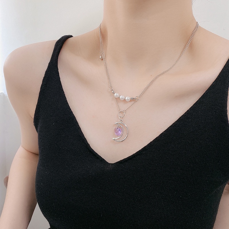 Jepang dan Korea gaya hipster Crescent purple heart kalung wanita ins gaya temperamen double layer p