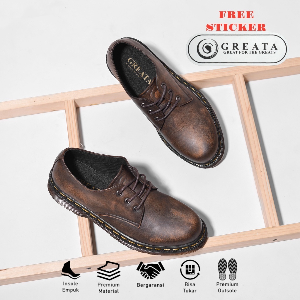 Greata - Kalmar Camel Sepatu Pantofel Pria Formal Casual Kantor Kerja Dinas Docmart Low Kulit Asli