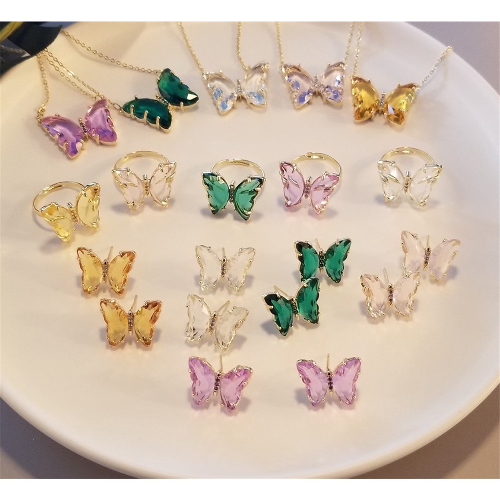 【COD Tangding】Necklace/Earring/Ring Glass Crystal Butterfly Korea Super Fairy Girl Dream Clavicle Chain Choker